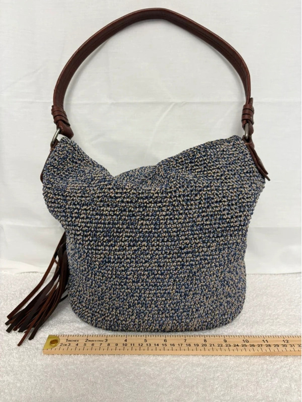 The Sak Blue Tan Crochet Hobo Shoulder Bag Leather Tassel New Without Tags